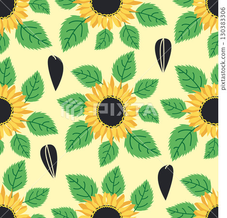 Seamless pattern with sunflower, green leaves and black seeds Seamless pattern with sunflower, green leaves and black seeds 130383306