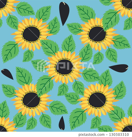 Seamless pattern with sunflower, green leaves and black seeds 130383310