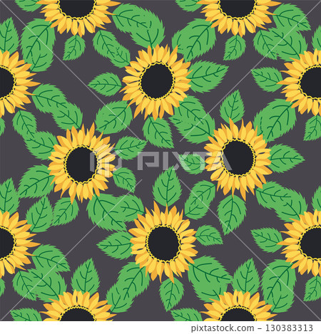 Seamless pattern with sunflower, green leaves and black seeds Seamless pattern with sunflower, green leaves and black seeds 130383313