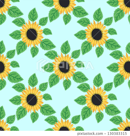 Seamless pattern with sunflower, green leaves and black seeds 130383315
