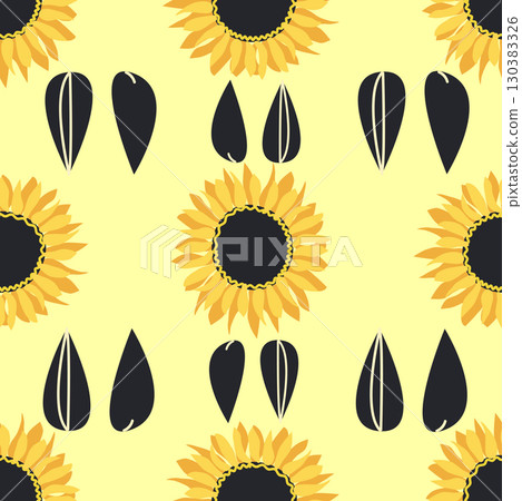 Seamless pattern with sunflower, green leaves and black seeds 130383326