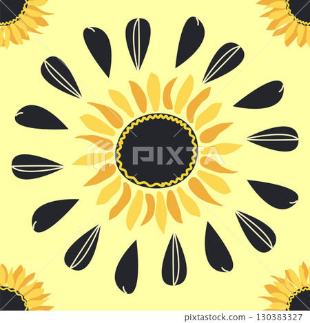 Seamless pattern with sunflower, green leaves and black seeds Seamless pattern with sunflower, green leaves and black seeds 130383327