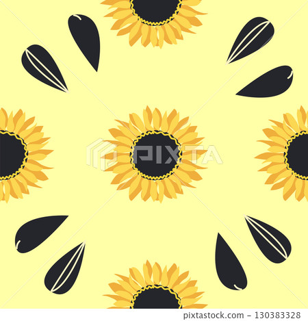 Seamless pattern with sunflower, green leaves and black seeds 130383328