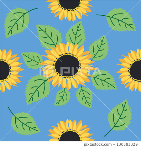 Seamless pattern with sunflower, green leaves and black seeds 130383329