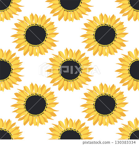 Seamless pattern with sunflower, green leaves and black seeds Seamless pattern with sunflower, green leaves and black seeds 130383334