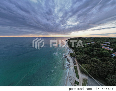 Aerial drone sunset panorama of Lanterna peninsula, Istria, Croatia. Aerial drone sunset panorama of Lanterna peninsula, Istria, Croatia. 130383383