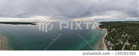 Aerial drone panorama of seaside camping in Istria, Croatia. Aerial drone panorama of seaside camping in Istria, Croatia. 130383384