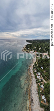 Aerial vertical panorama drone view of Istria camping coastline, Croatia. Aerial vertical panorama drone view of Istria camping coastline, Croatia. 130383387