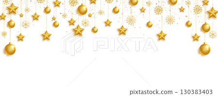 Gold balls, stars and snowflakes frame. Celebration background. Bright Holiday ornament. Luxury hanging baubles. Christmas 3d gold glass toys. Festive glitter design elements. Vector illustration Gold balls, stars and snowflakes frame. Celebration background. Bright Holiday ornament. Luxury hanging baubles. Christmas 3d gold glass toys. Festive glitter design elements. Vector illustration 130383403