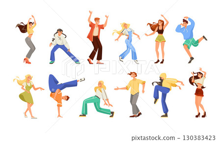 Exploring diverse dance styles and embracing joyful movements through vibrant vector art Exploring diverse dance styles and embracing joyful movements through vibrant vector art 130383423