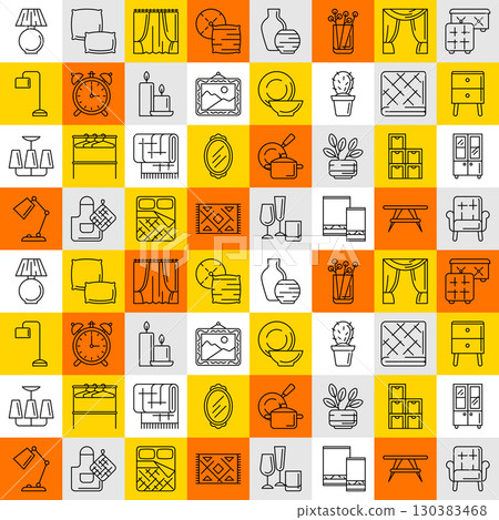 Home decor icons pattern. Domestic items thin line illustration. 130383468