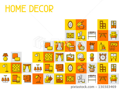 Home decor icons background. Domestic items thin line illustration. 130383469