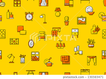 Home decor icons pattern. Domestic items thin line illustration. 130383471