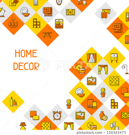 Home decor icons background. Domestic items thin line illustration. 130383473