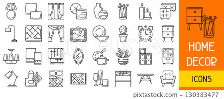 Home decor icon set. Domestic items thin line illustration. 130383477