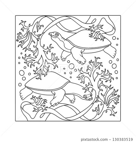 Art nouveau style sea turtle couple swimming in ocean amongst seaweed coloring page hand drawn vector illustration Art nouveau style sea turtle couple swimming in ocean amongst seaweed coloring page hand drawn vector illustration 130383519