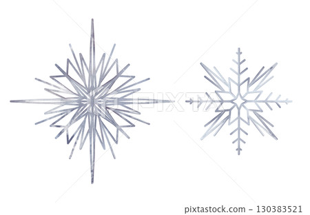 Watercolor light white blue purple snowflakes. Hand drawn illustration snow in pastel colors on isolated background. For winter New Year's design fairy tale children's cards 130383521
