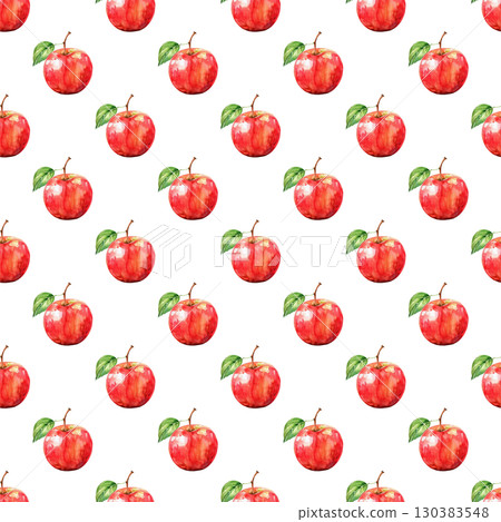 Red apple seamless watercolor pattern with glossy skin and natural leaves. White background design for healthy branding and packaging projects 130383548