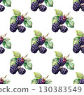 Blackberry twig seamless watercolor pattern with ripe berries and thorny stems. White background design for natural branding and packaging projects 130383549