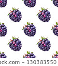 Seamless pattern with watercolor blackberries and forest elements on clean white background. Ideal for rustic branding and packaging 130383550