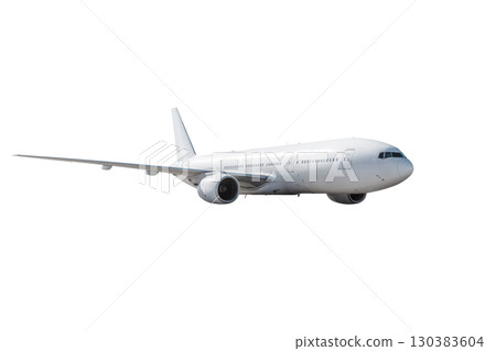 Wide body passenger airplane flies isolated on white background Wide body passenger airplane flies isolated on white background 130383604