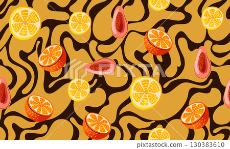 Seamless curve pattern with tropical citrus fruit and papaya Seamless curve pattern with tropical citrus fruit and papaya 130383610