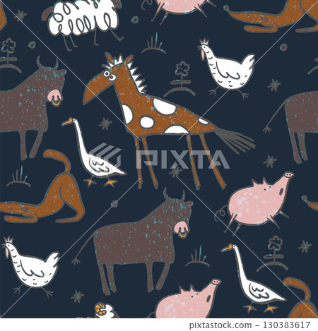 Seamless farm animals pattern with funny doodle line drawing design 130383617
