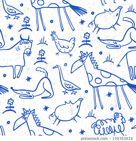 Seamless farm animals pattern with funny doodle line drawing design 130383618