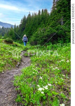 Female Hiker on Mountain Trail in Spring Female Hiker on Mountain Trail in Spring 130383851