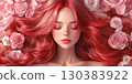 Young woman with red hair is dreaming on pink roses. 130383922