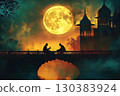 Two Muslim men are talking under the full moon. 130383924