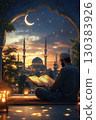 Muslim reads the Quran under the moon and stars in Arabic city. 130383926