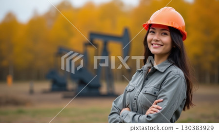 Asian female oilfield technician is at work in autumn. 130383929