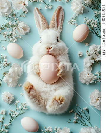 Easter Bunny with a pink egg on among flowers on blue background. Easter Bunny with a pink egg on among flowers on blue background. 130383931