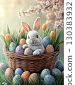 Illustration of basket with eggs and spring flowers and Easter bunny. 130383932