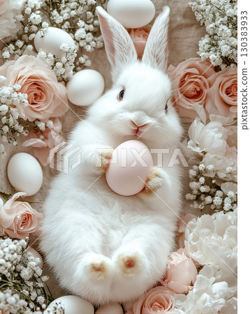 Easter Bunny with a pink egg on among flowers on pink background. Easter Bunny with a pink egg on among flowers on pink background. 130383933
