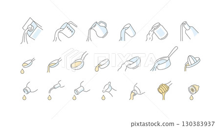Cooking weights and measures icons set. Liquid culinary ingredients. Typical kitchen containers, utensils for different recipes Cooking weights and measures icons set. Liquid culinary ingredients. Typical kitchen containers, utensils for different recipes 130383937
