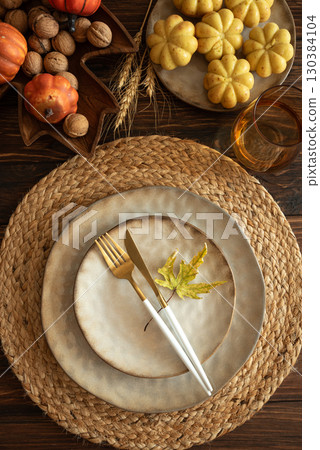 Vertical Rustic Fall Table Setting with Pumpkins and Harvest Decor Vertical Rustic Fall Table Setting with Pumpkins and Harvest Decor 130384104