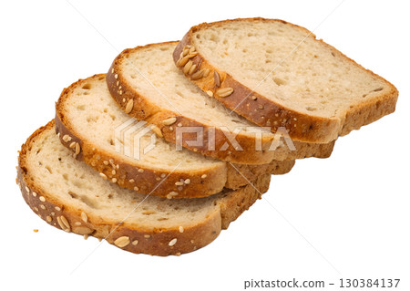 Sliced bread with seeds, healthy breakfast staple isolated on transparent background, whole grain food Sliced bread with seeds, healthy breakfast staple isolated on transparent background, whole grain food 130384137