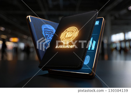 Futuristic e-passport with digital data display, biometric technology and global travel concept Futuristic e-passport with digital data display, biometric technology and global travel concept 130384139