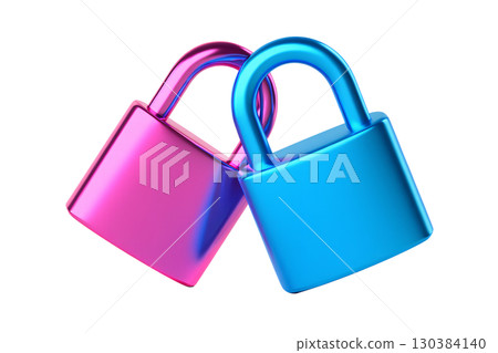 Intertwined padlocks in pink and blue, symbol of love and security, romance commitment concept 130384140
