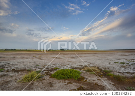 Saltpeter on the floor of a lagoon in a semi desert environment, La Pampa province, Patagonia, Argentina. 130384282