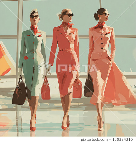 Fashionable illustration of airline stewardesses in elegant uniforms and sunglasses walking through a modern airport hall. Vector illustration 130384310