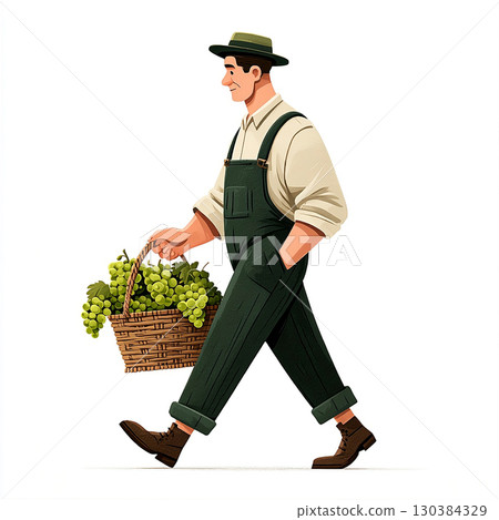 Illustration of a farmer in overalls walking with a wicker basket of grapes, symbolizing wine production and agriculture. Vector illustration 130384329