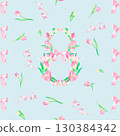 Festive seamless pattern with a beautiful composition of the number eight for International Women's Day with pink tulips, ribbons, bow and gold pearls, hand drawn in watercolor. 130384342