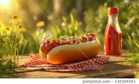 Delicious hot dog with ketchup and mustard on a picnic table in a summer garden 130384361