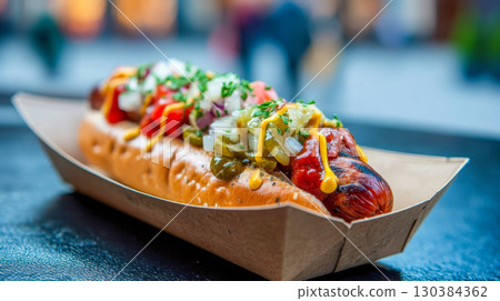 Street food, hot dog with colorful fillings and fresh herbs 130384362
