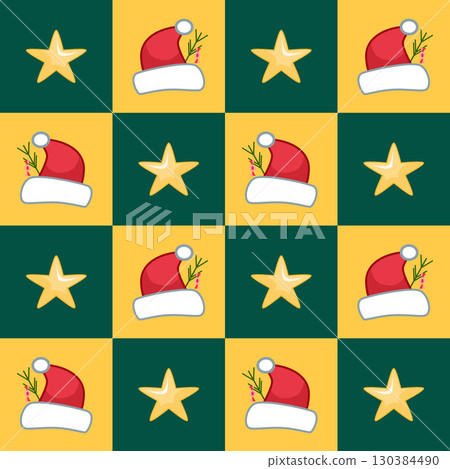 Seamless checkered pattern with Santa hats and stars on yellow and green squares 130384490