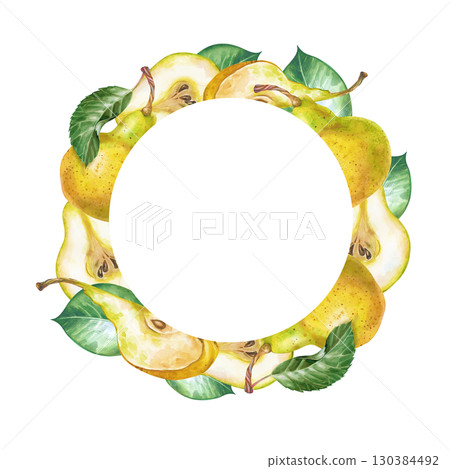 Watercolor round frame made of whole pears, pieces of pear and green leaves. Botanical illustration on a white background. Ripe fruit template with an empty place to insert Watercolor round frame made of whole pears, pieces of pear and green leaves. Botanical illustration on a white background. Ripe fruit template with an empty place to insert 130384492