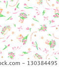 Seamless pattern with bouquet, template, box with bow pink tulips ribbons pearls, hand drawn in watercolor. 130384495